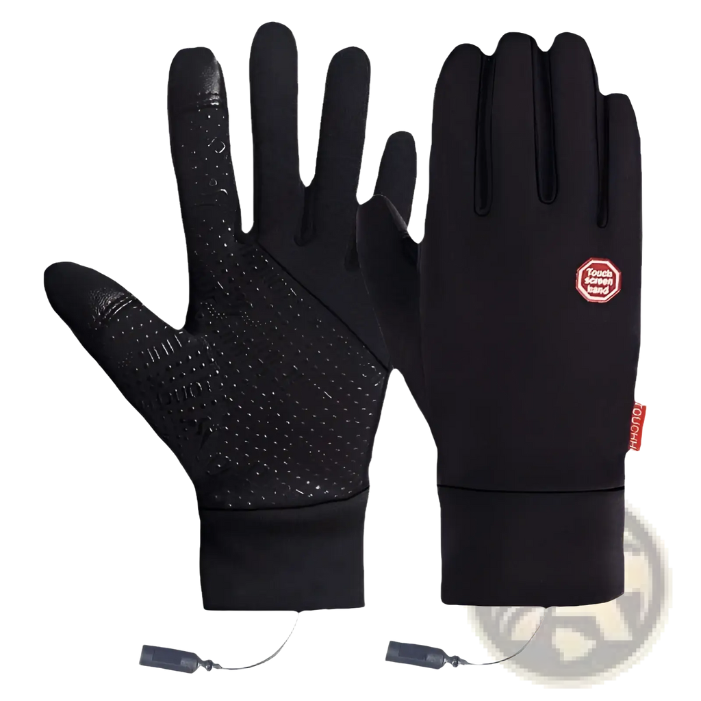Back view of black usb heated cycling touchscreen gloves with textured palm wrist strap and red touchscreen hand logo