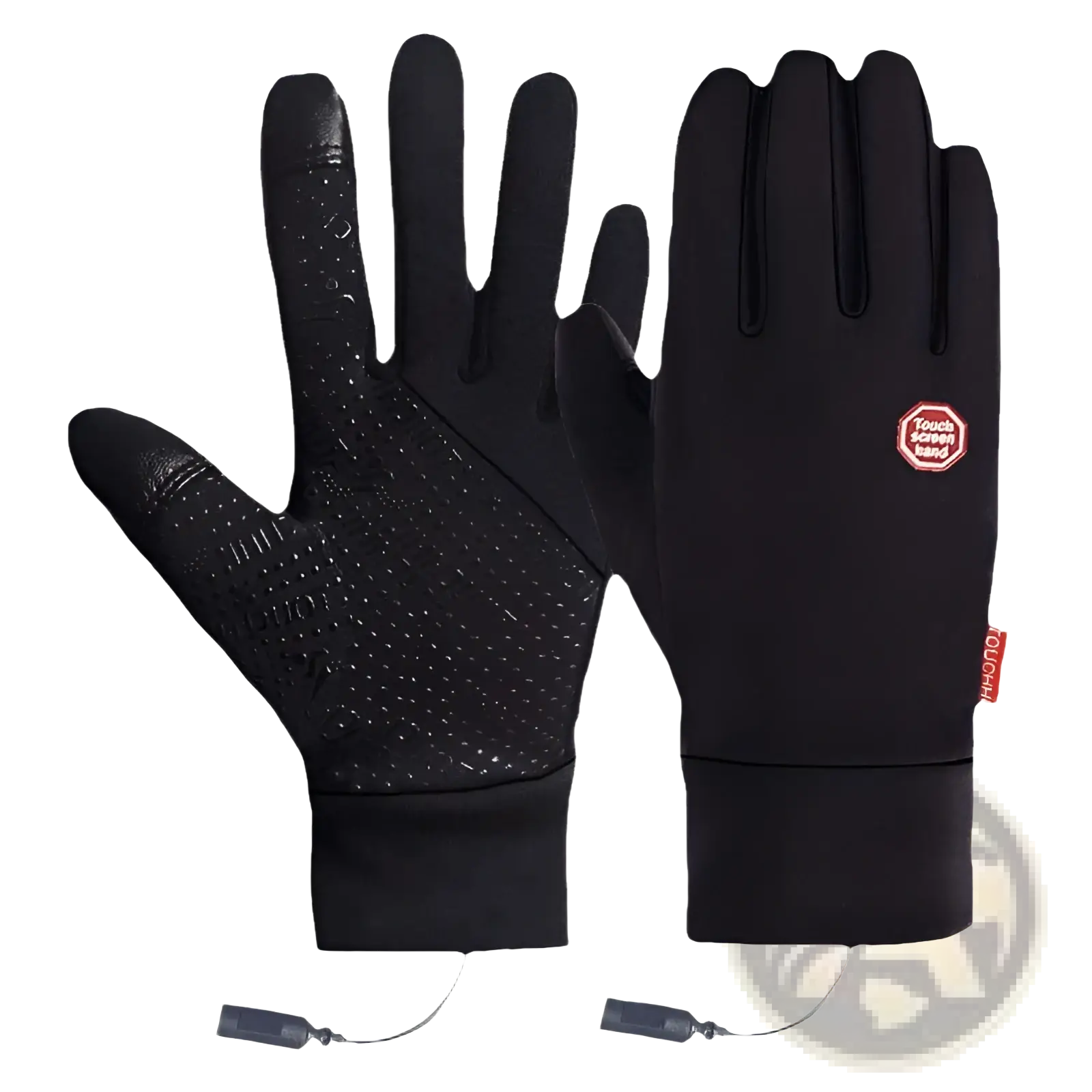 Back view of black usb heated cycling touchscreen gloves with textured palm wrist strap and red touchscreen hand logo