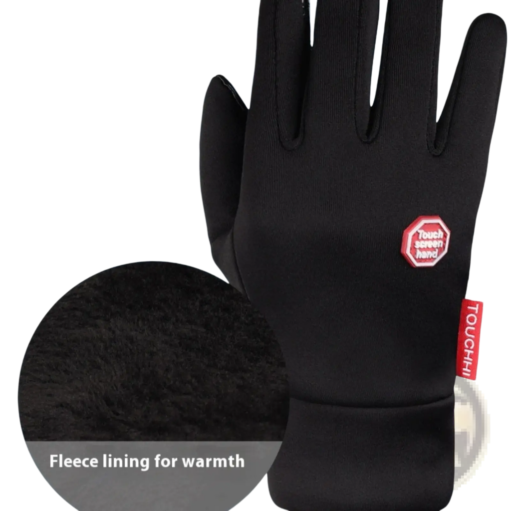 Black usb heated cycling glove with touchscreen compatibility fleece lining and red touchscreen emblem on the back side