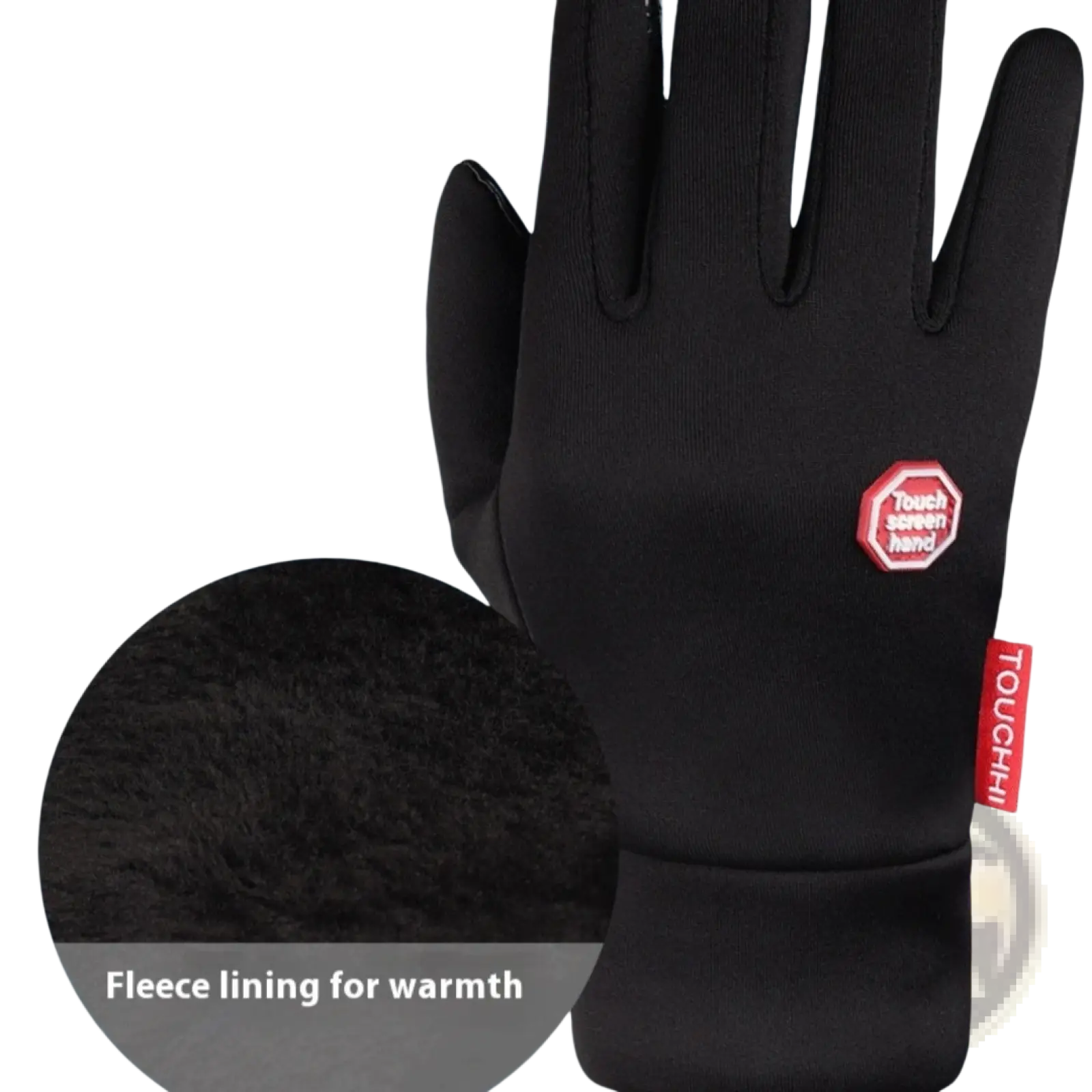 Black usb heated cycling glove with touchscreen compatibility fleece lining and red touchscreen emblem on the back side
