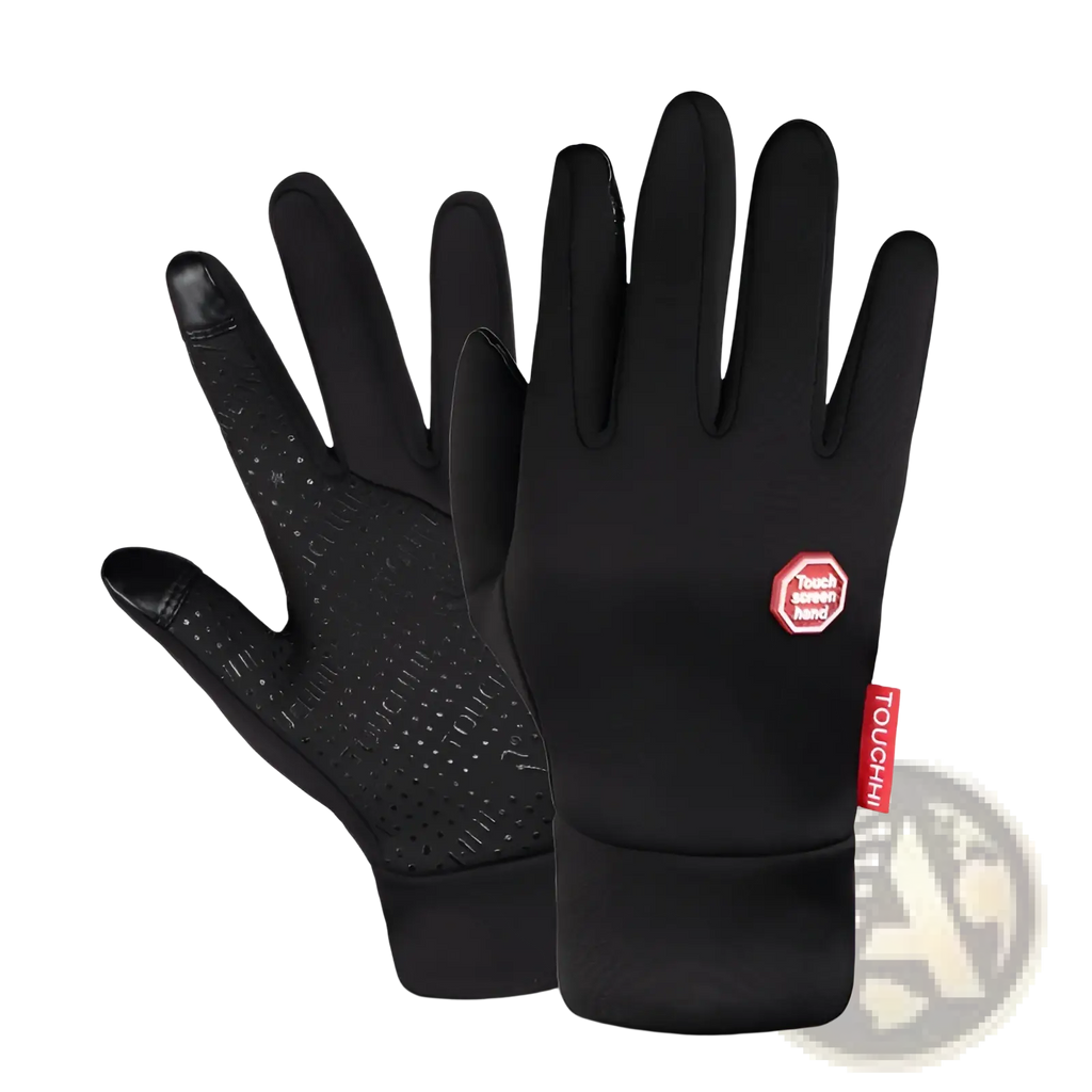 Black usb heated cycling touchscreen gloves with textured palm and red touchscreen hand logo on back side