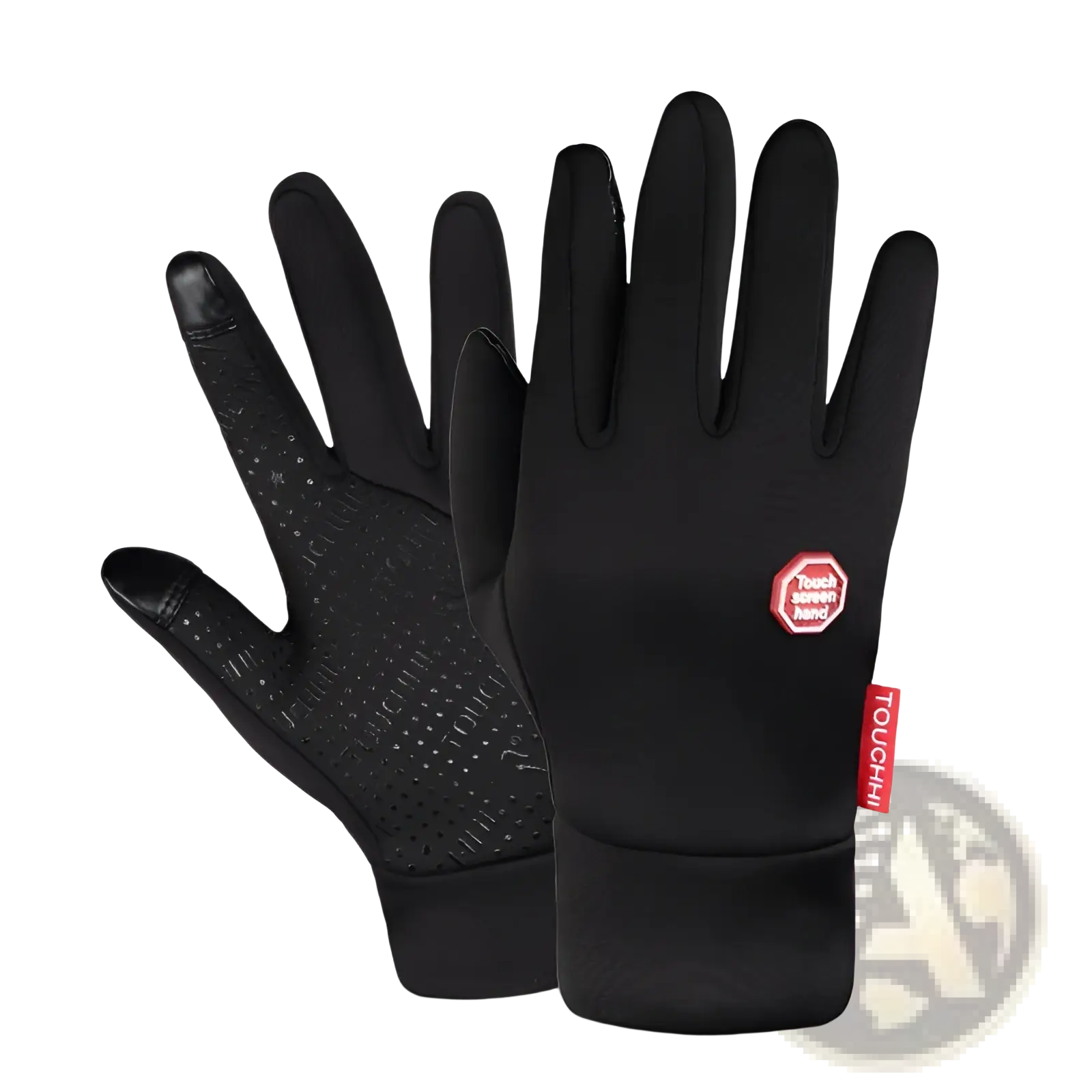 Black usb heated cycling touchscreen gloves with textured palm and red touchscreen hand logo on back side