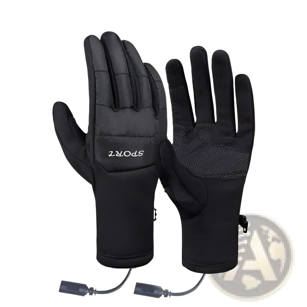Black usb heated cycling gloves with touchscreen capability textured grip and sport logo on the back side