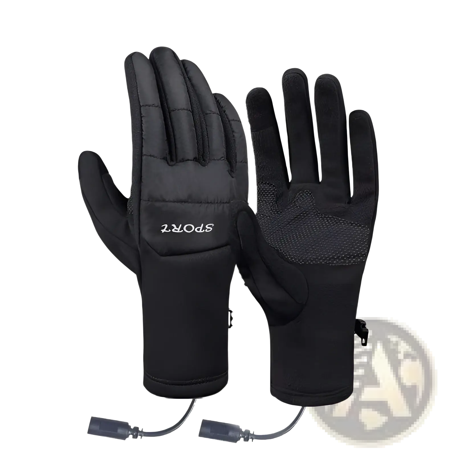 Black usb heated cycling gloves with touchscreen capability textured grip and sport logo on the back side