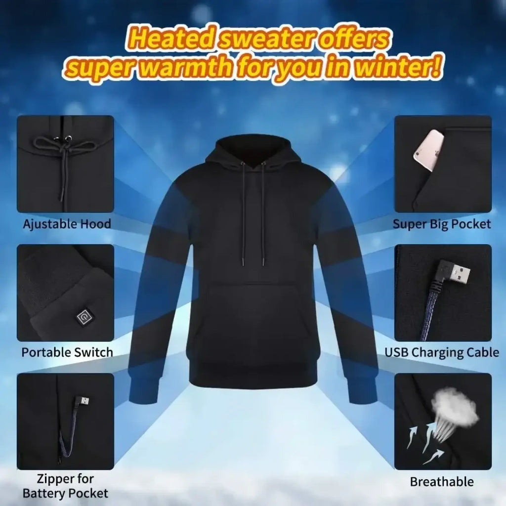 Usb heated gothic hoodie in black and blue stripes with adjustable hood and large pocket for usb cable storage