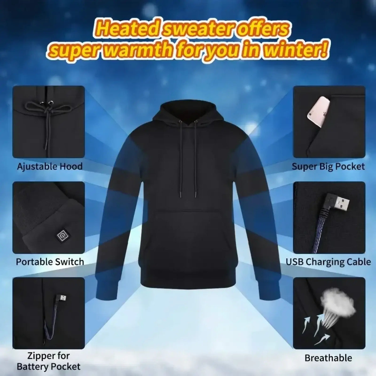 Usb heated gothic hoodie in black and blue stripes with adjustable hood and large pocket for usb cable storage
