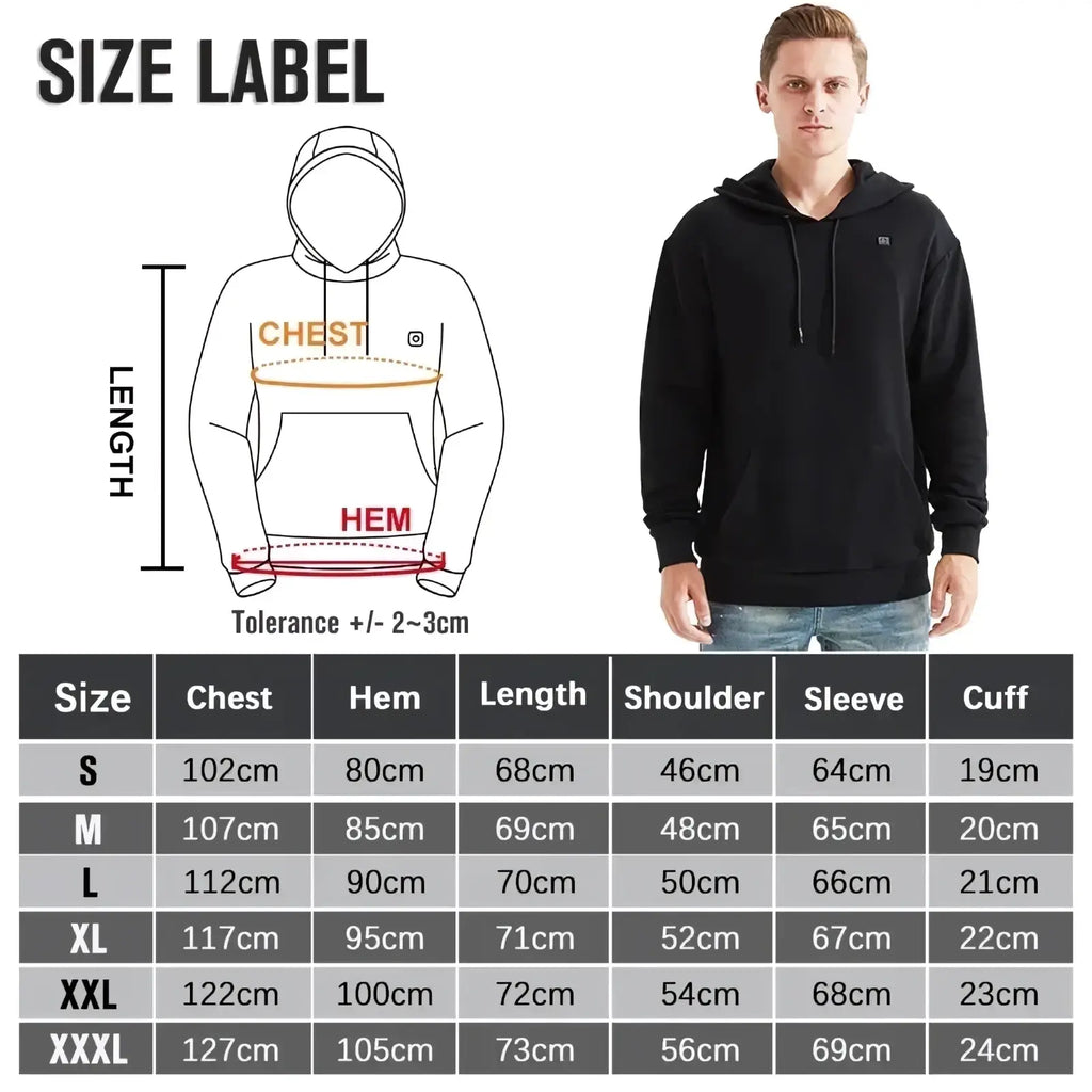 Black usb heated gothic hoodie with drawstrings and small logo on left chest for warmth and style
