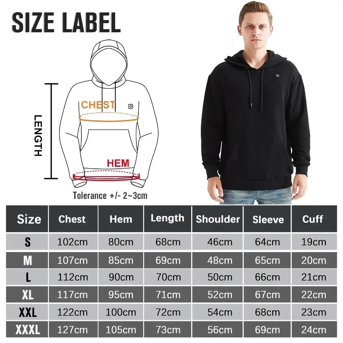 Black usb heated gothic hoodie with drawstrings and small logo on left chest for warmth and style