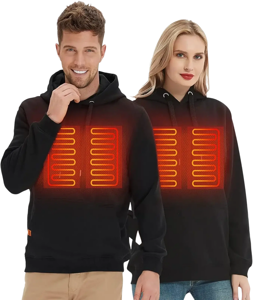 Black usb heated gothic hoodie with glowing orange heating panels on the chest for cold weather warmth