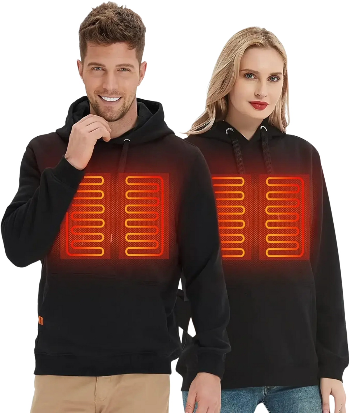 Black usb heated gothic hoodie with glowing orange heating panels on the chest for cold weather warmth