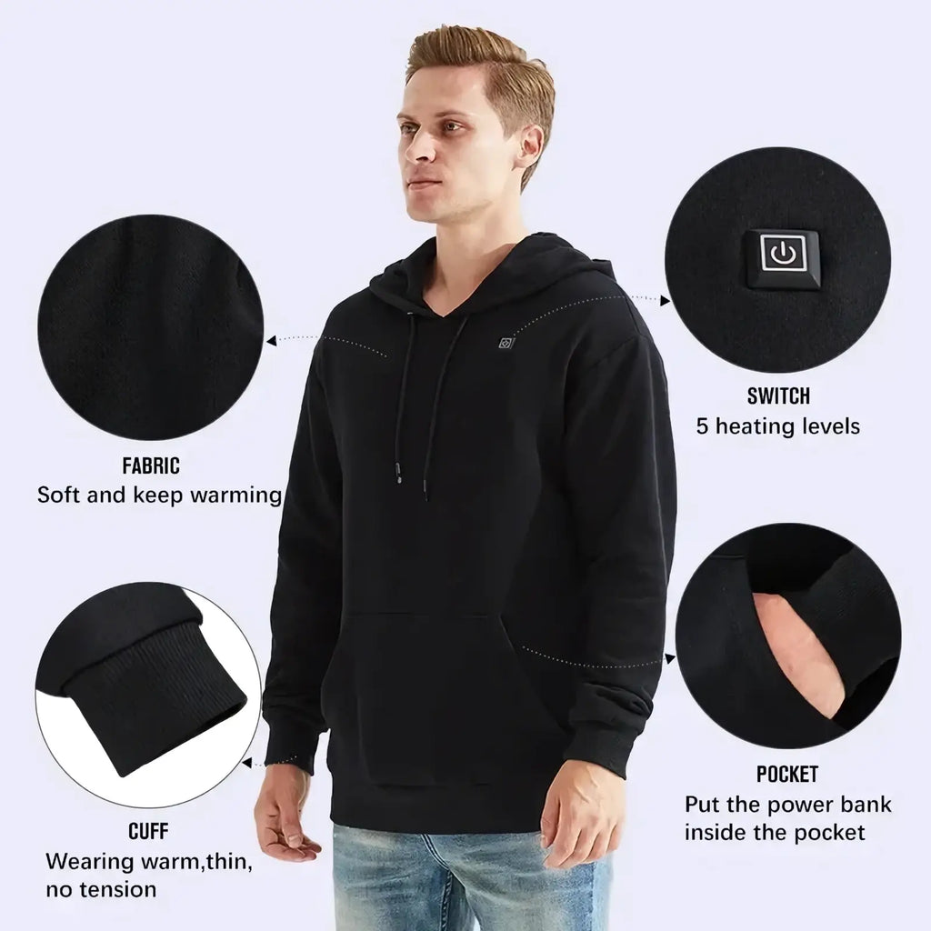Black usb heated gothic hoodie with soft fabric and power bank pocket for warmth and comfort