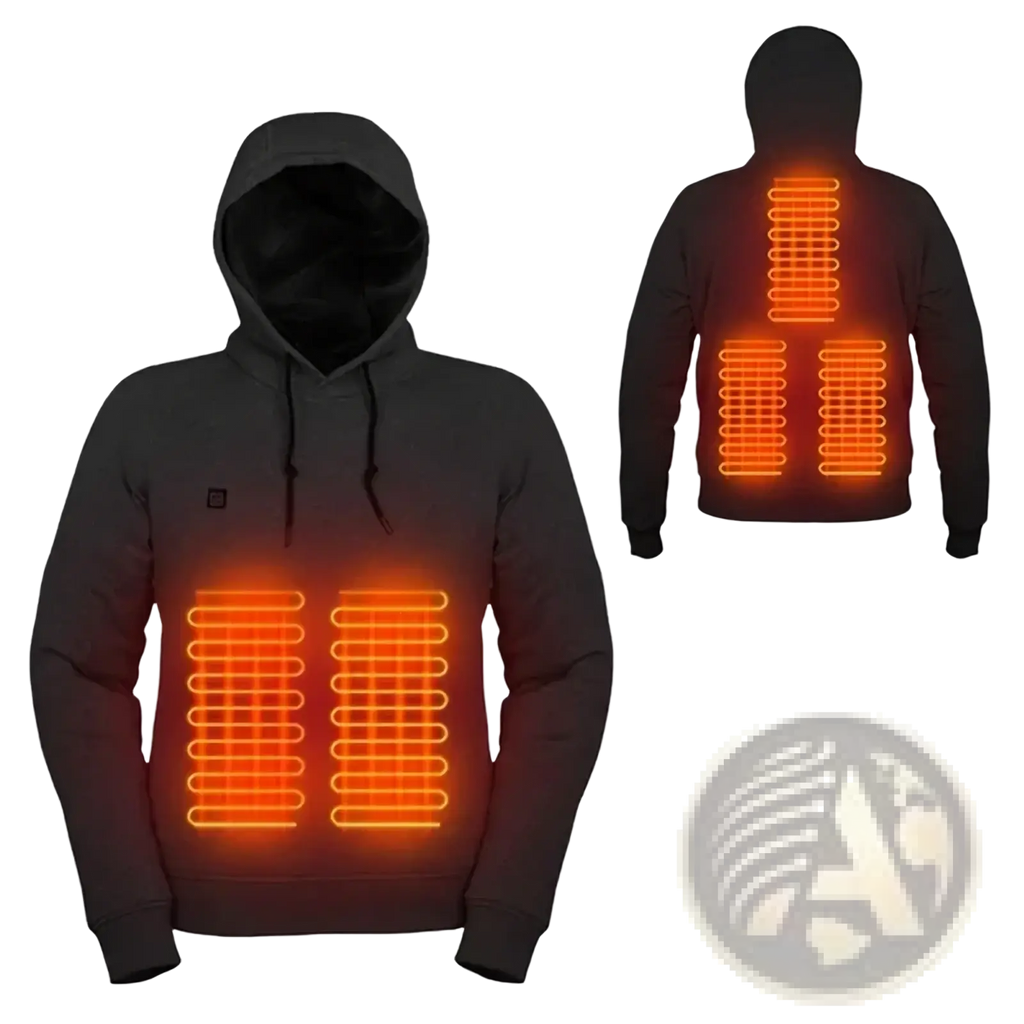 Usb heated gothic hoodie in black showing glowing orange heating elements on front and back for warmth and style