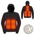 Usb heated gothic hoodie in black showing glowing orange heating elements on front and back for warmth and style