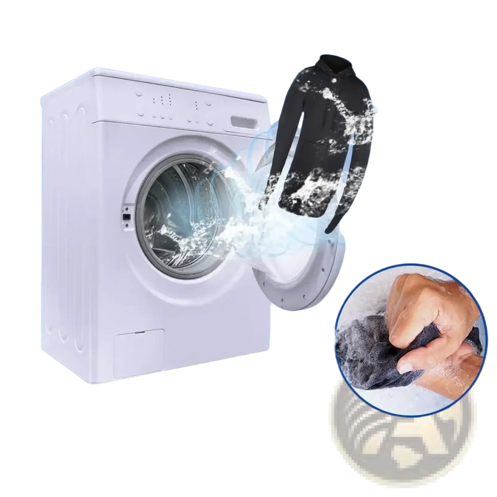White front-loading washing machine with usb heated gothic black hoodie emerging and inset of hands scrubbing fabric