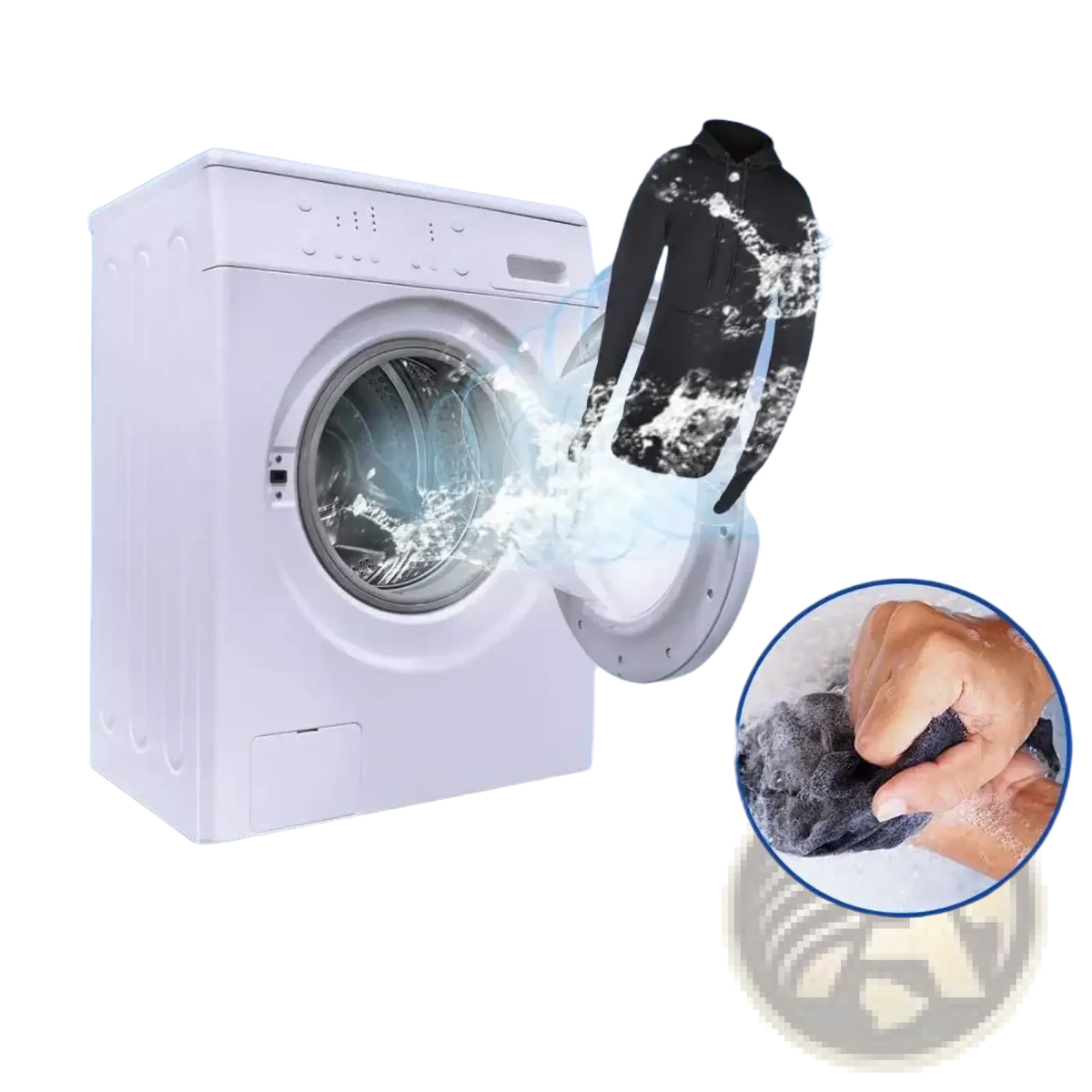 White front-loading washing machine with usb heated gothic black hoodie emerging and inset of hands scrubbing fabric