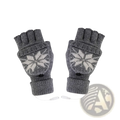 Gray knitted fingerless gloves with white snowflake patterns and built-in heating element connected by thin wire