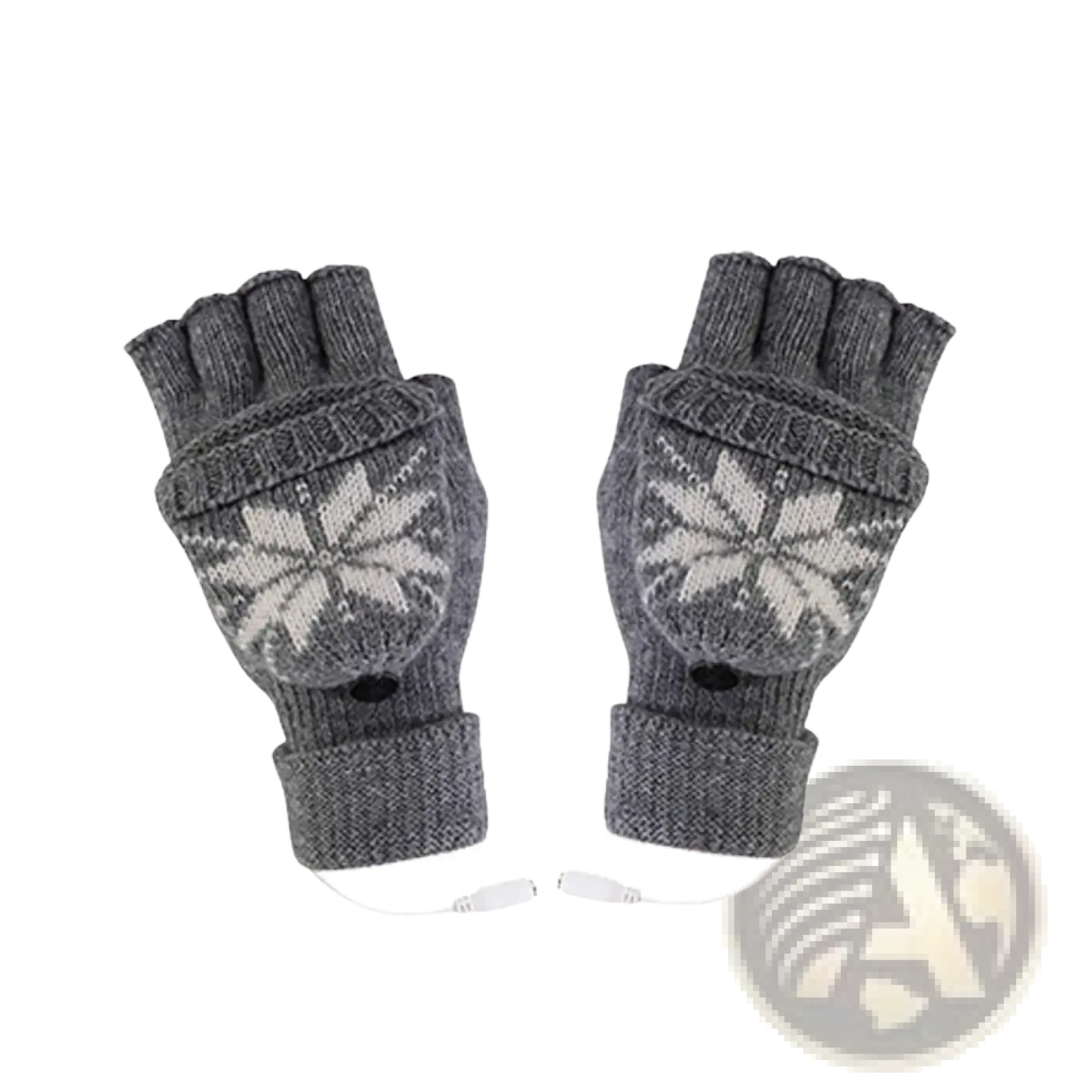 Gray knitted fingerless gloves with white snowflake patterns and built-in heating element connected by thin wire