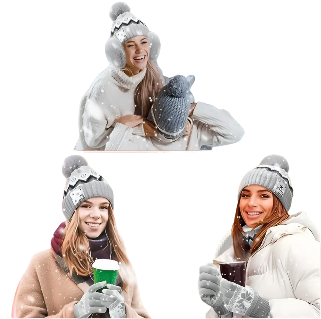 Gray knit usb heated beanie with fluffy pom-pom and decorative snowflake pattern in hat scarf and gloves set
