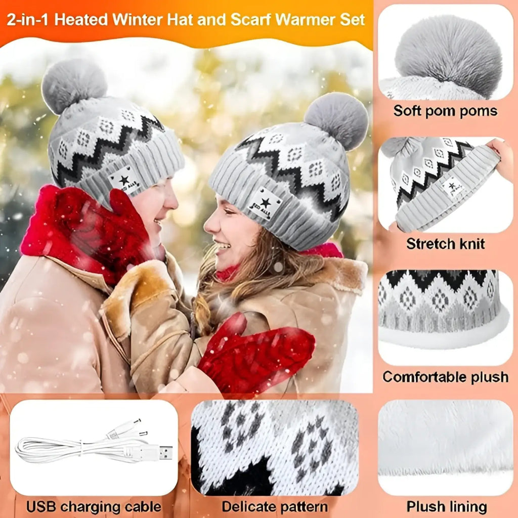 Usb heated knit hat in gray with black zigzag pattern and soft gray pom-pom for winter warmth and comfort