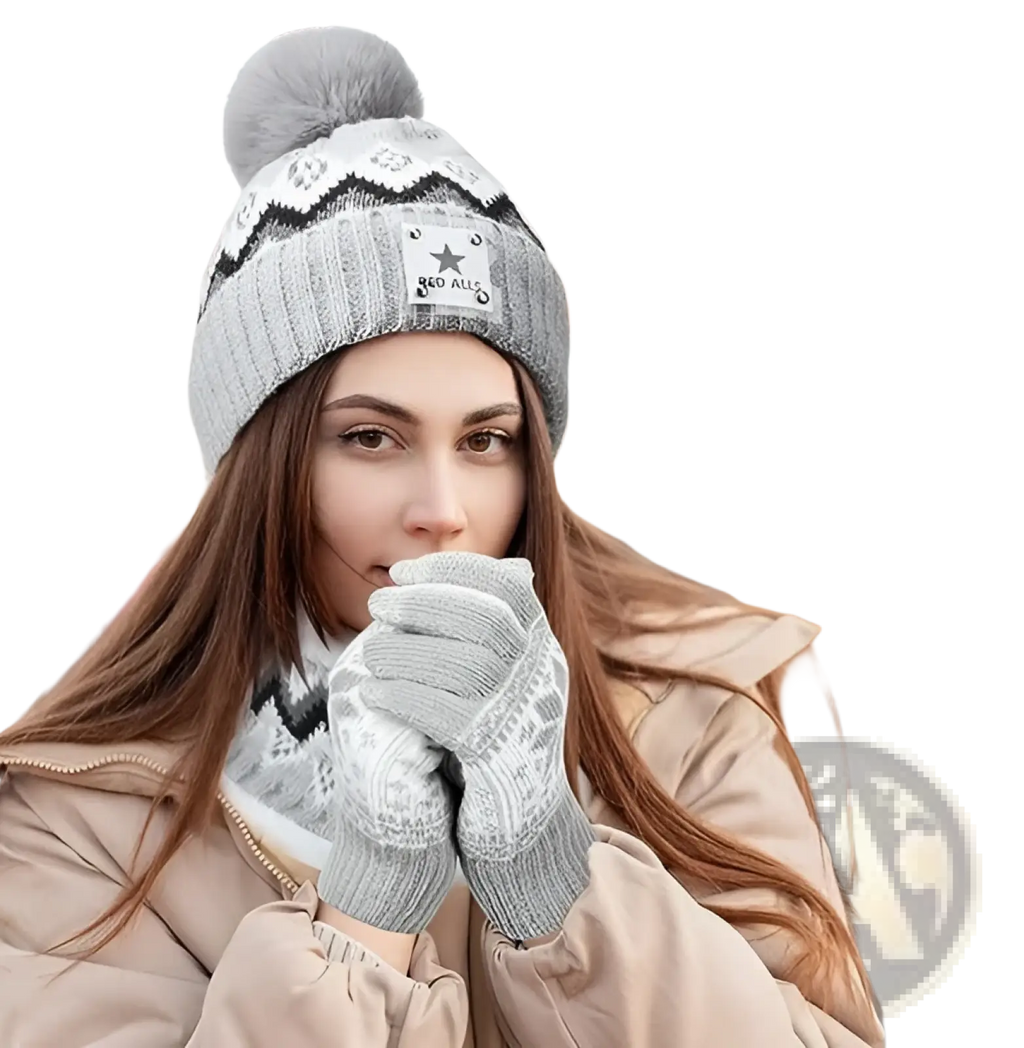 Gray knitted usb heated beanie with fluffy pom-pom black geometric pattern and red all patch in heated hat scarf gloves set