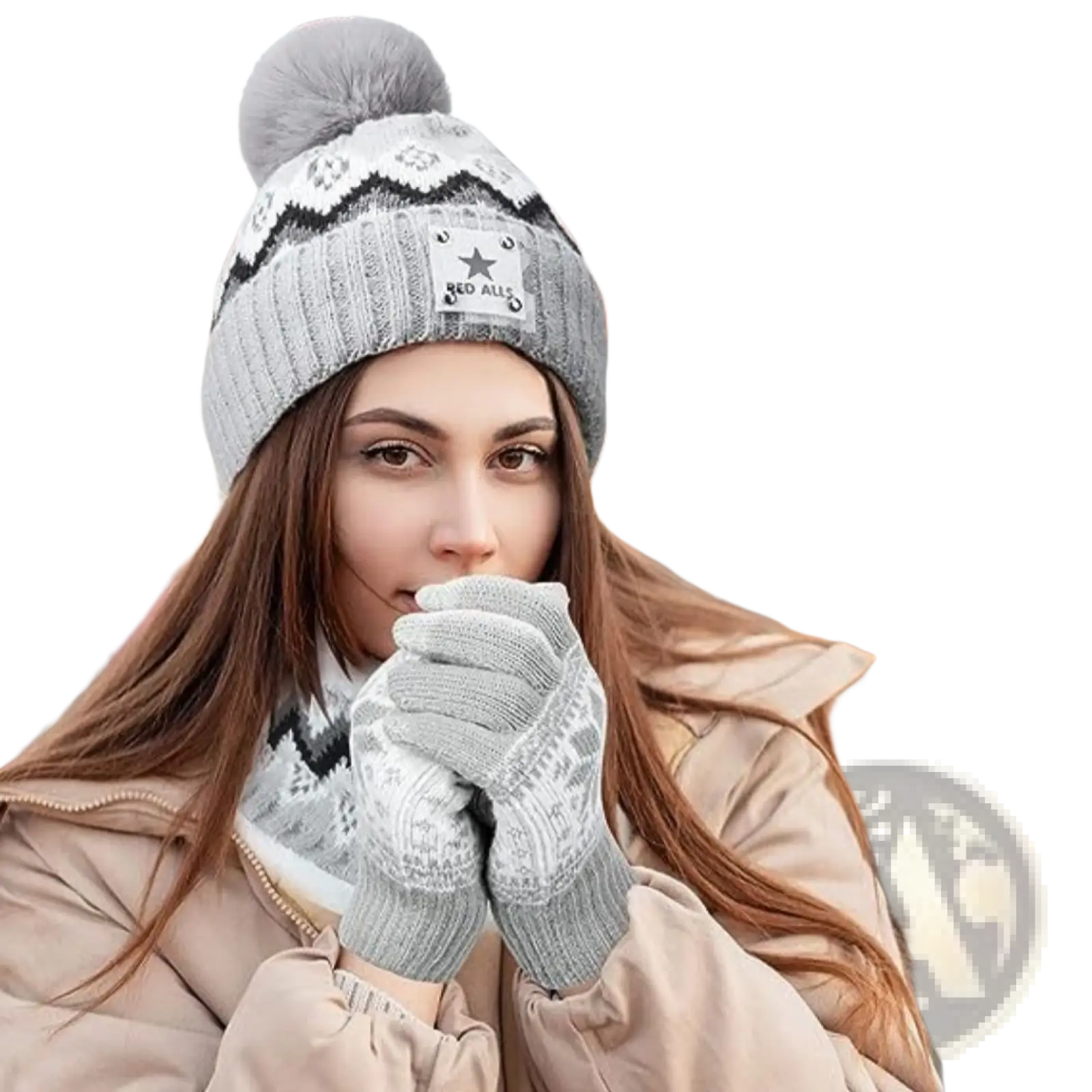 Gray usb heated knit beanie with fluffy pom-pom black and white snowflake pattern and red alls patch on front