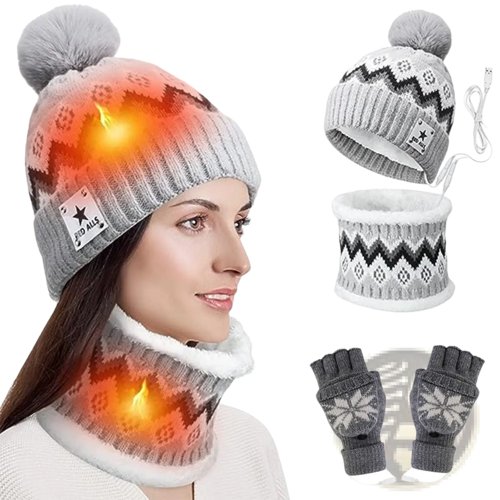 Gray knit usb heated winter hat with black and white geometric pattern, fuzzy pom-pom, and red alls star label