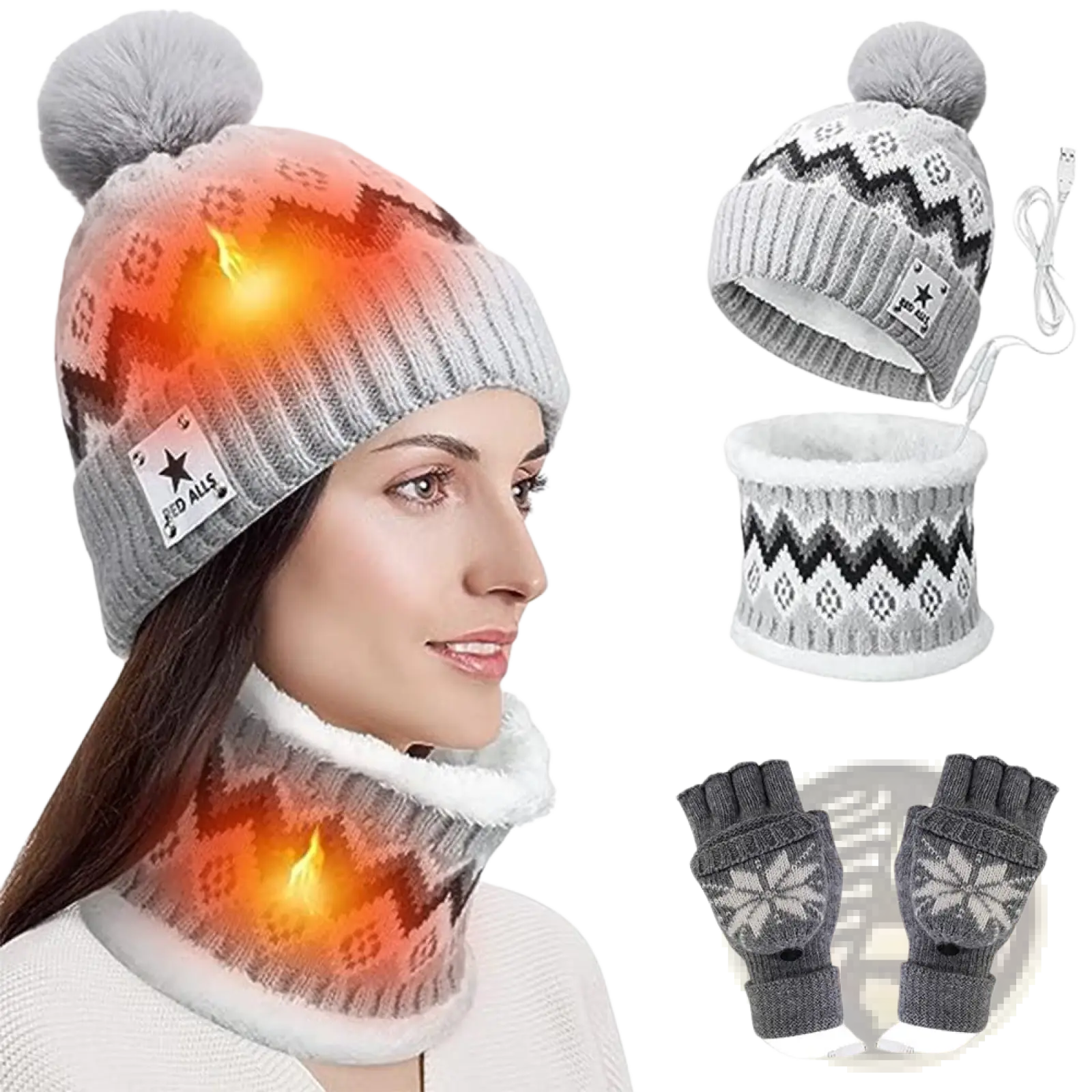 Gray knit usb heated winter hat with black and white geometric pattern, fuzzy pom-pom, and red alls star label