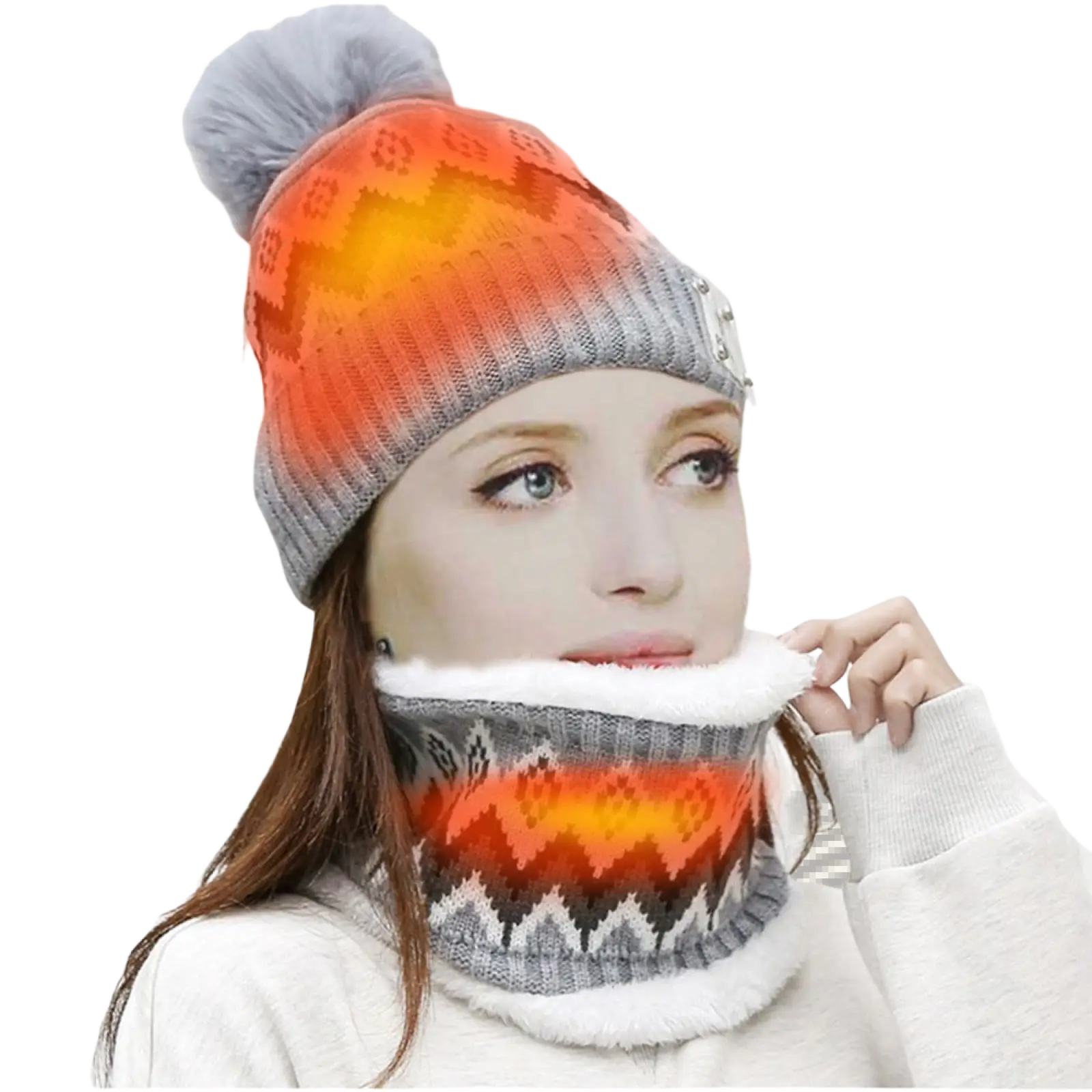 Usb heated knit hat in orange and gray with a warm glowing pom-pom heating element for winter use