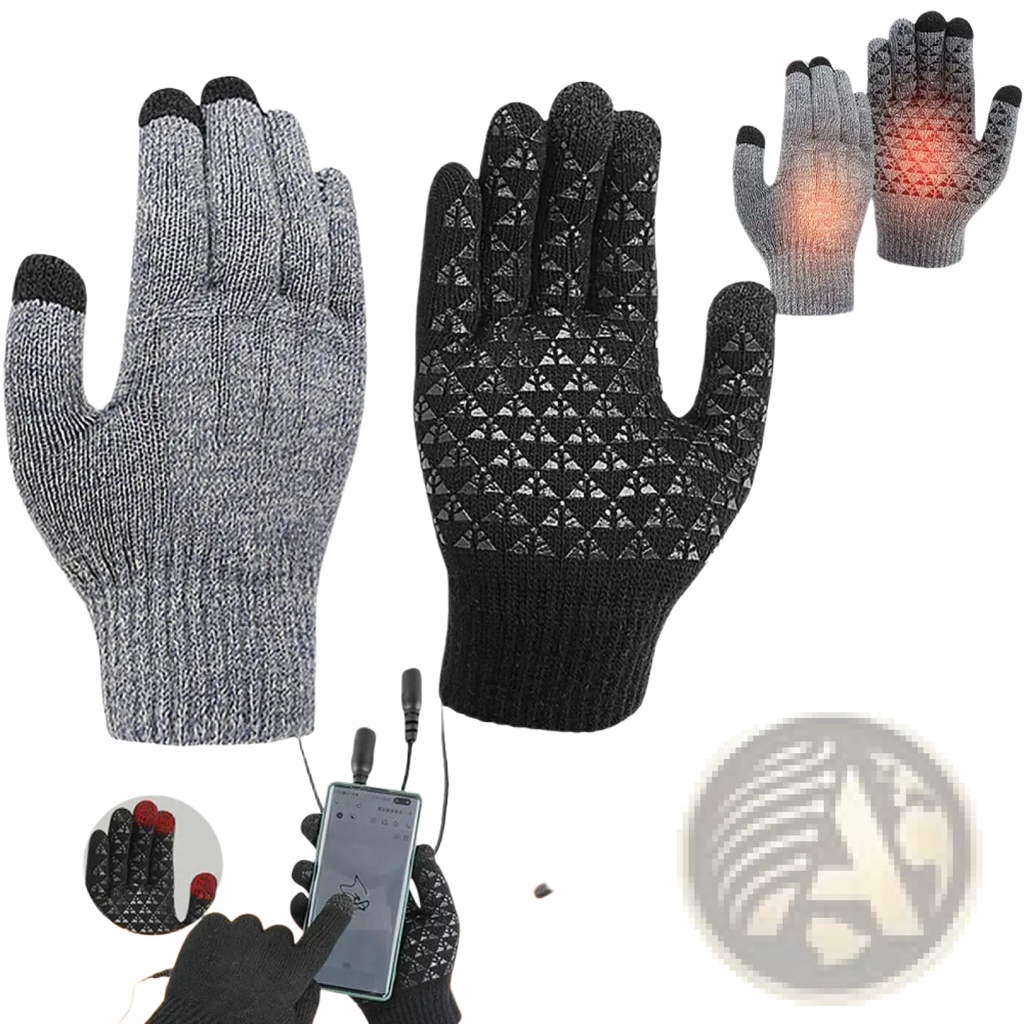 Usb heated typing gloves in gray and black knit with textured grip patterns designed for thermal winter use