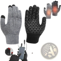 Usb heated typing gloves in gray and black knit with textured grip patterns designed for thermal winter use