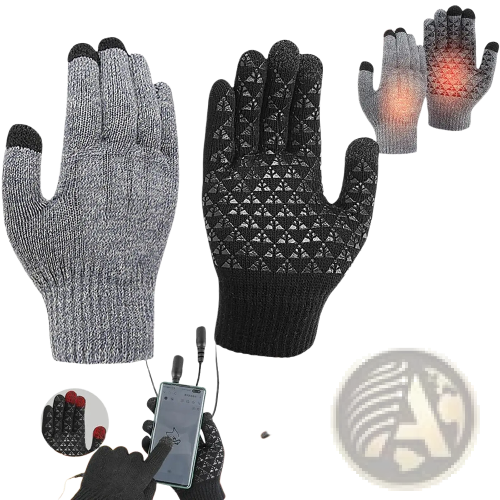 Usb heated typing gloves in gray and black knit with textured grip patterns designed for thermal winter use