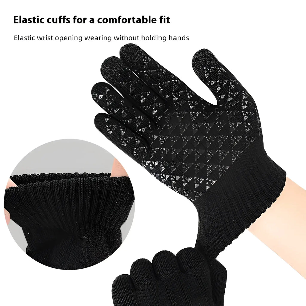 Usb heated typing gloves in black knit with textured diamond grip and elastic cuffs for thermal winter use