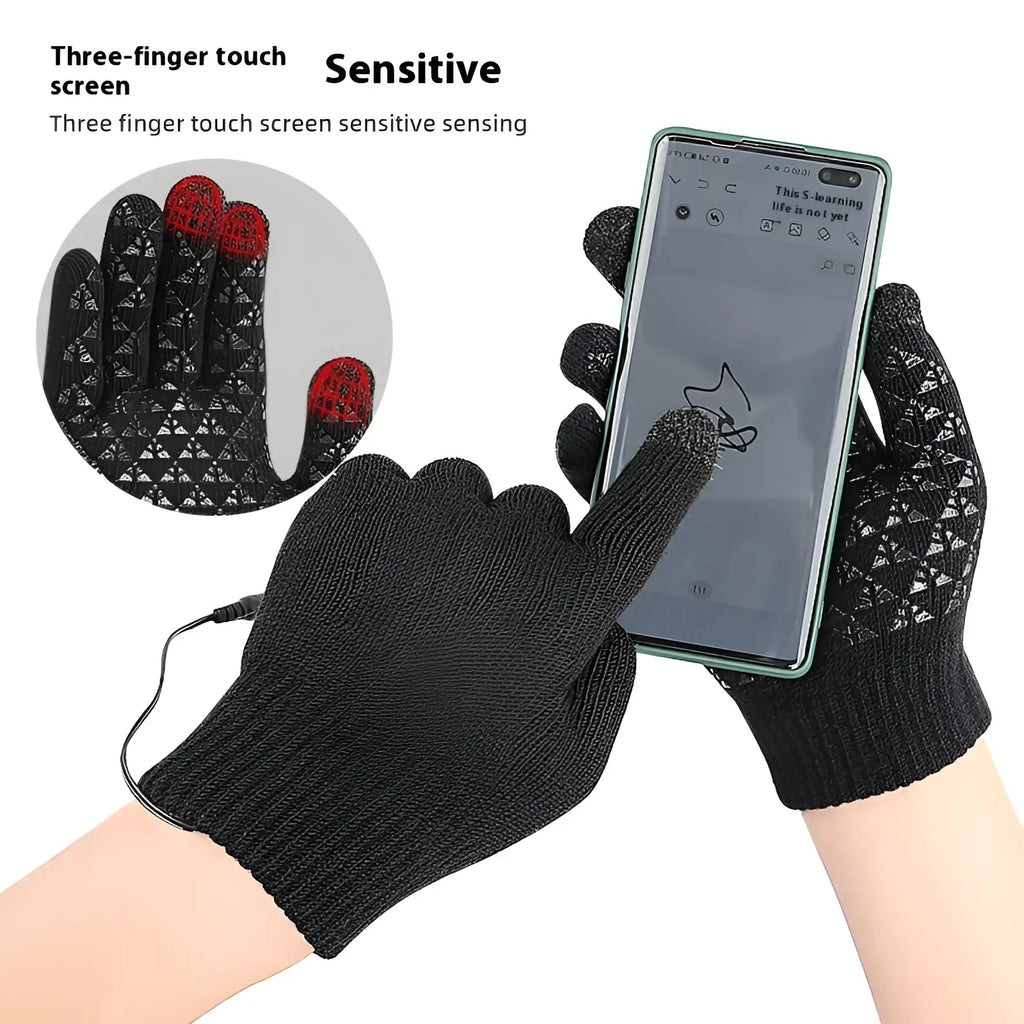 Black knitted usb heated typing gloves with red touchscreen fingertips for three-finger touch sensitivity winter use