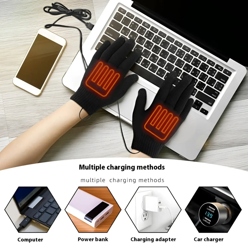 Black usb heated typing gloves with glowing orange heating elements on palms for thermal winter comfort
