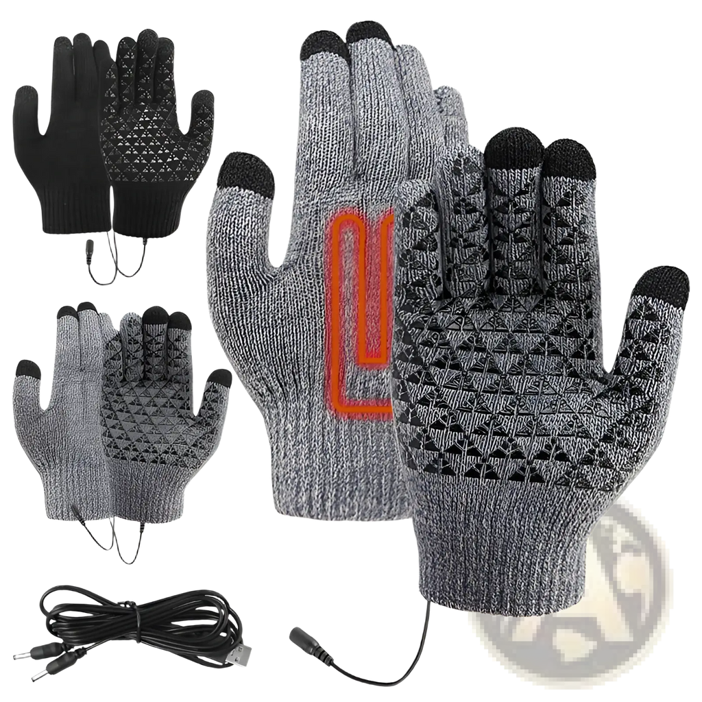Gray knitted usb heated typing gloves with black fingertips and visible orange heating element on palm for winter use