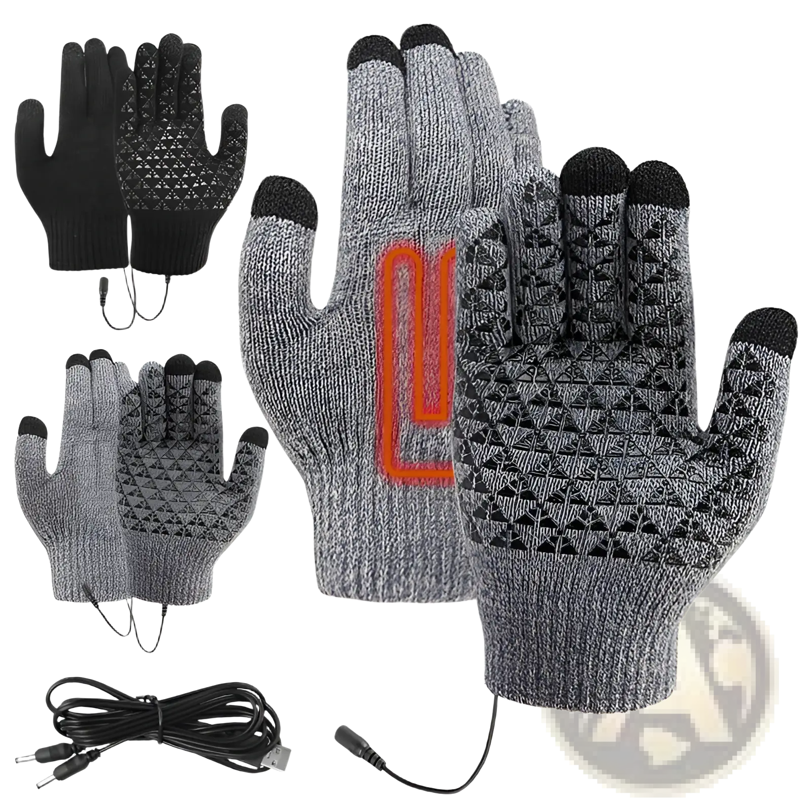Gray knitted usb heated typing gloves with black fingertips and visible orange heating element on palm for winter use