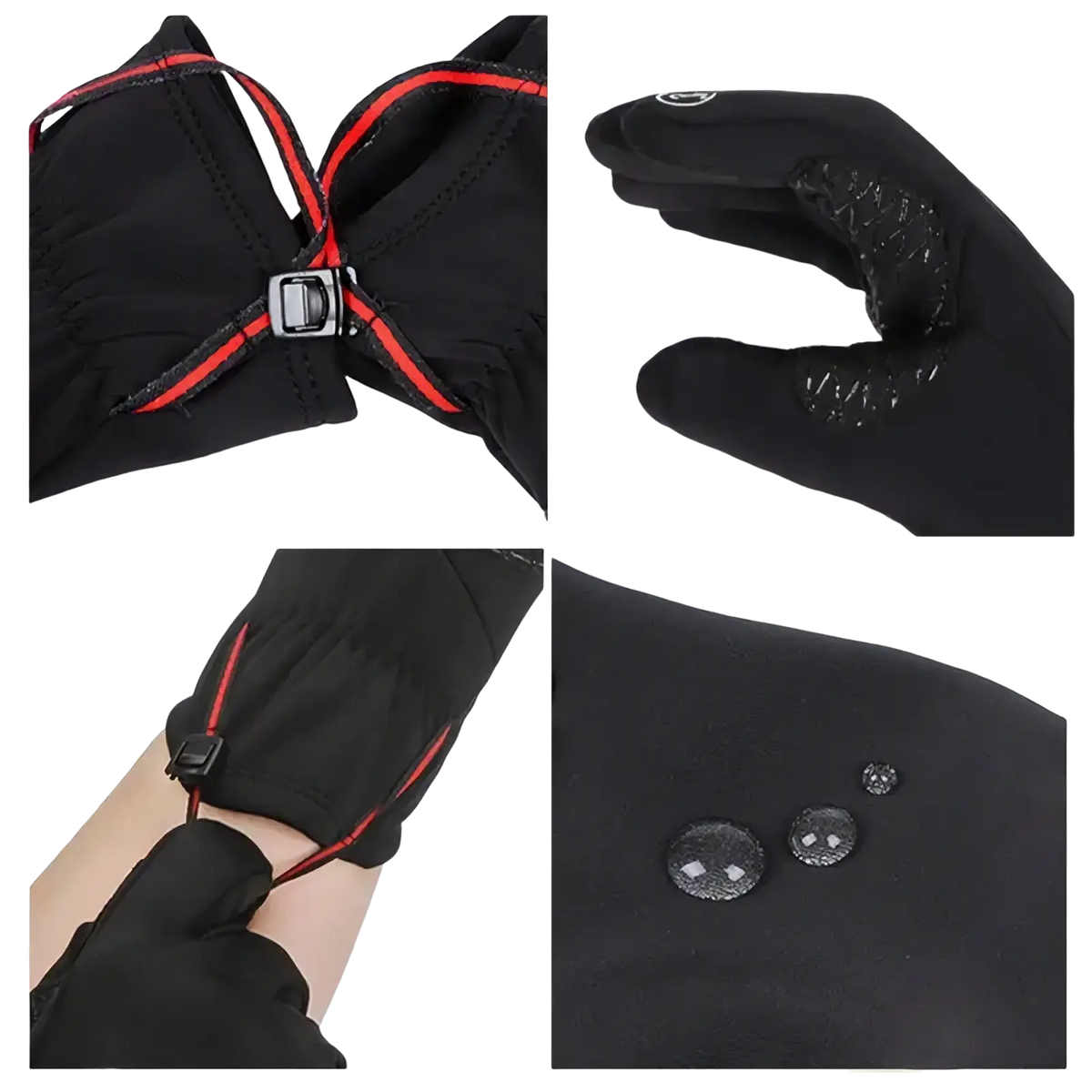 Black usb heated winter gloves for women with red trim, touchscreen compatibility, adjustable strap, and waterproof design