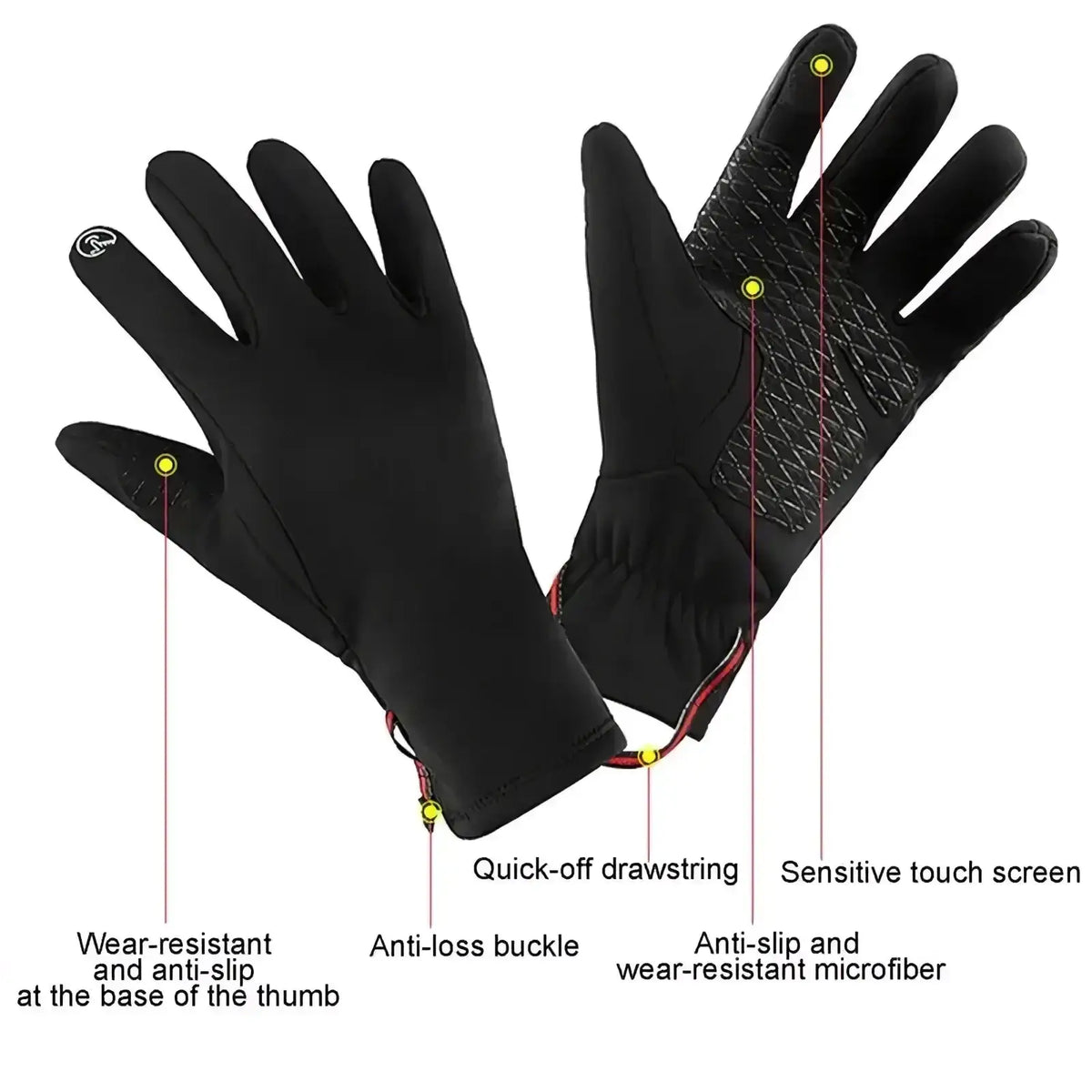 Black usb heated winter gloves with touchscreen compatibility anti-slip microfiber palms and quick-off drawstring wrist