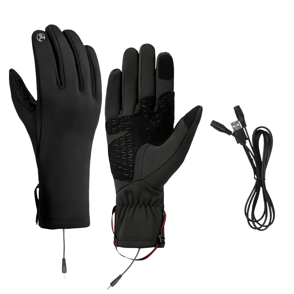 Usb heated winter gloves for women in black with touchscreen capability and red accent stitching shown from the back side