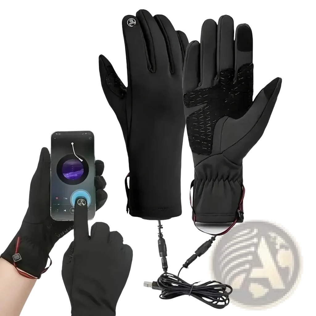 Black usb heated winter gloves for women showing back side with touchscreen compatibility and included usb charging cable