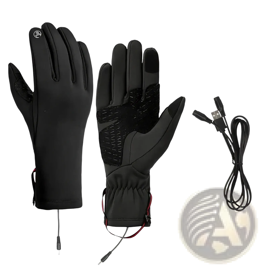 Usb heated winter gloves for women in black with touchscreen capability and red accent stitching shown from the back side