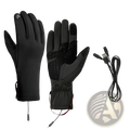 Usb heated winter gloves for women in black with touchscreen capability and red accent stitching shown from the back side