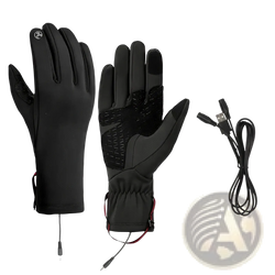 Usb heated winter gloves for women in black with touchscreen capability and red accent stitching shown from the back side