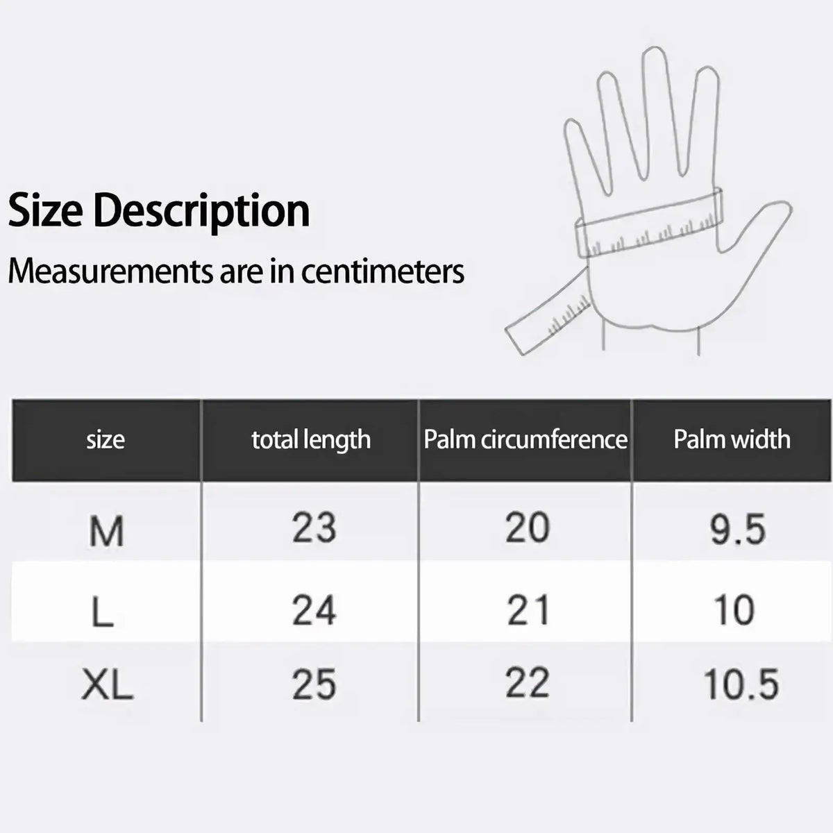 Size chart in centimeters for usb heated winter gloves for women waterproof touchscreen in sizes m l and xl