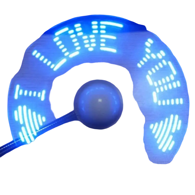 Blue LED spinning fidget toy with glowing love and heart patterns on a portable USB LED clock fan for laptops