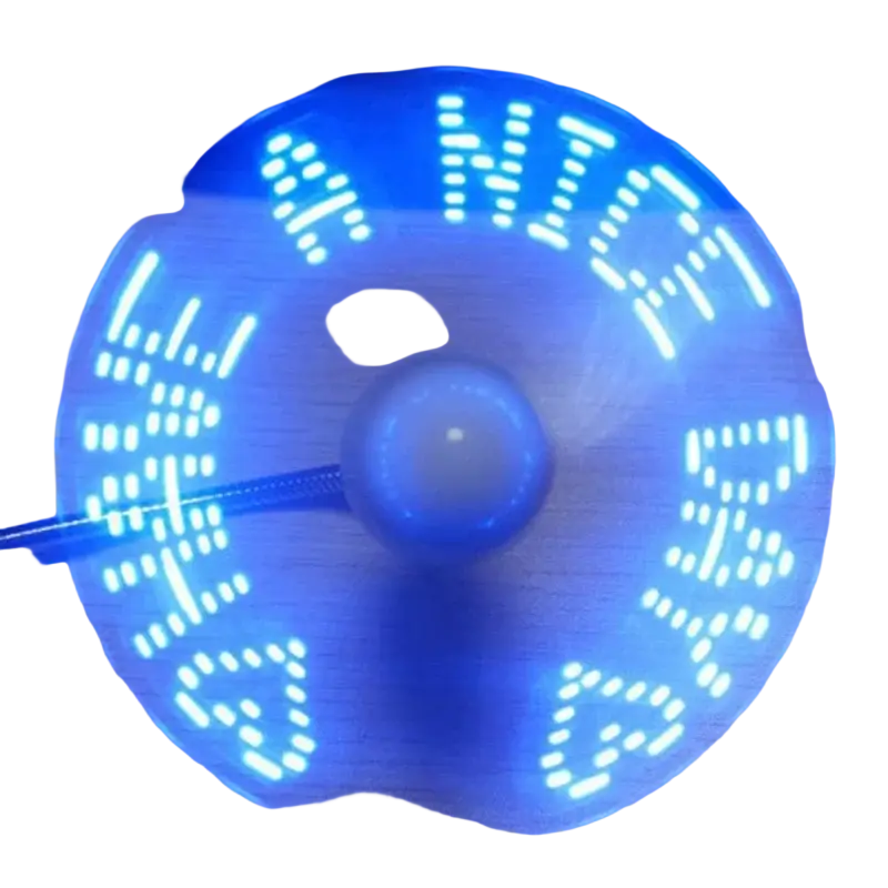 A glowing blue led usb clock fan with a translucent circular design and illuminated text for portable laptop use