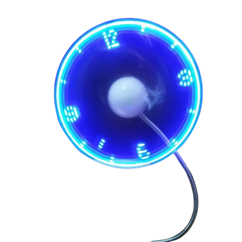 Blue led-lit usb clock fan with a circular design and glowing hour markers for portable laptop cooling
