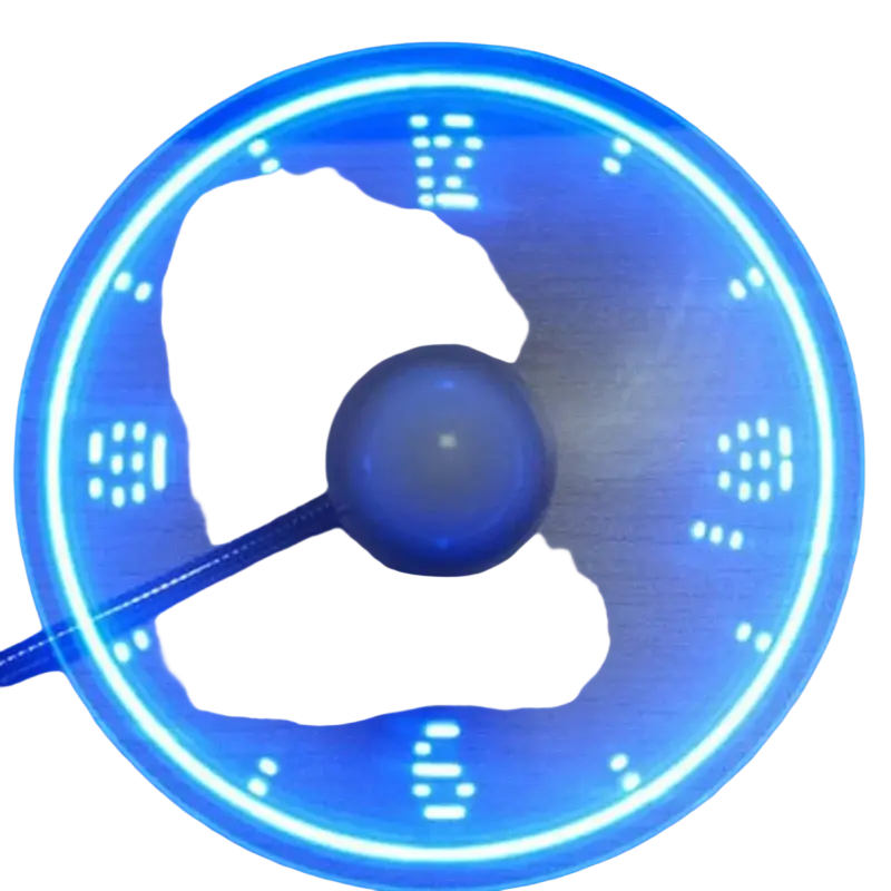 Blue led-lit circular usb led clock fan with digital hour markers and central spherical knob for portable laptop use