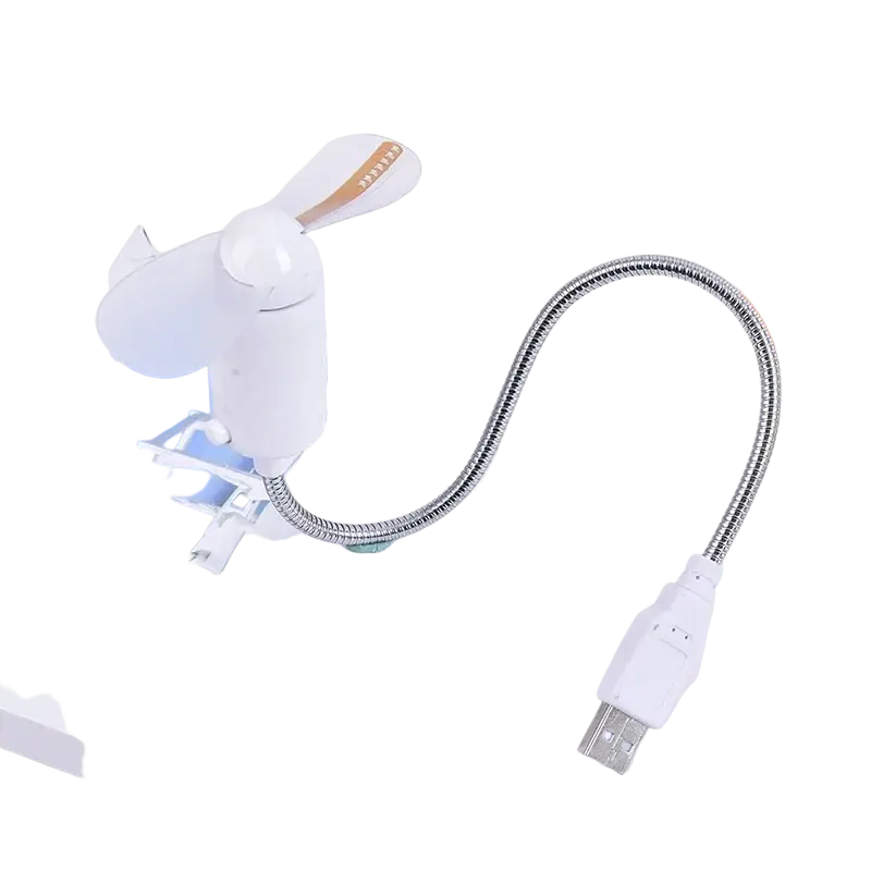 White usb-powered desk fan with flexible metallic gooseneck and three-blade propeller for portable laptop use