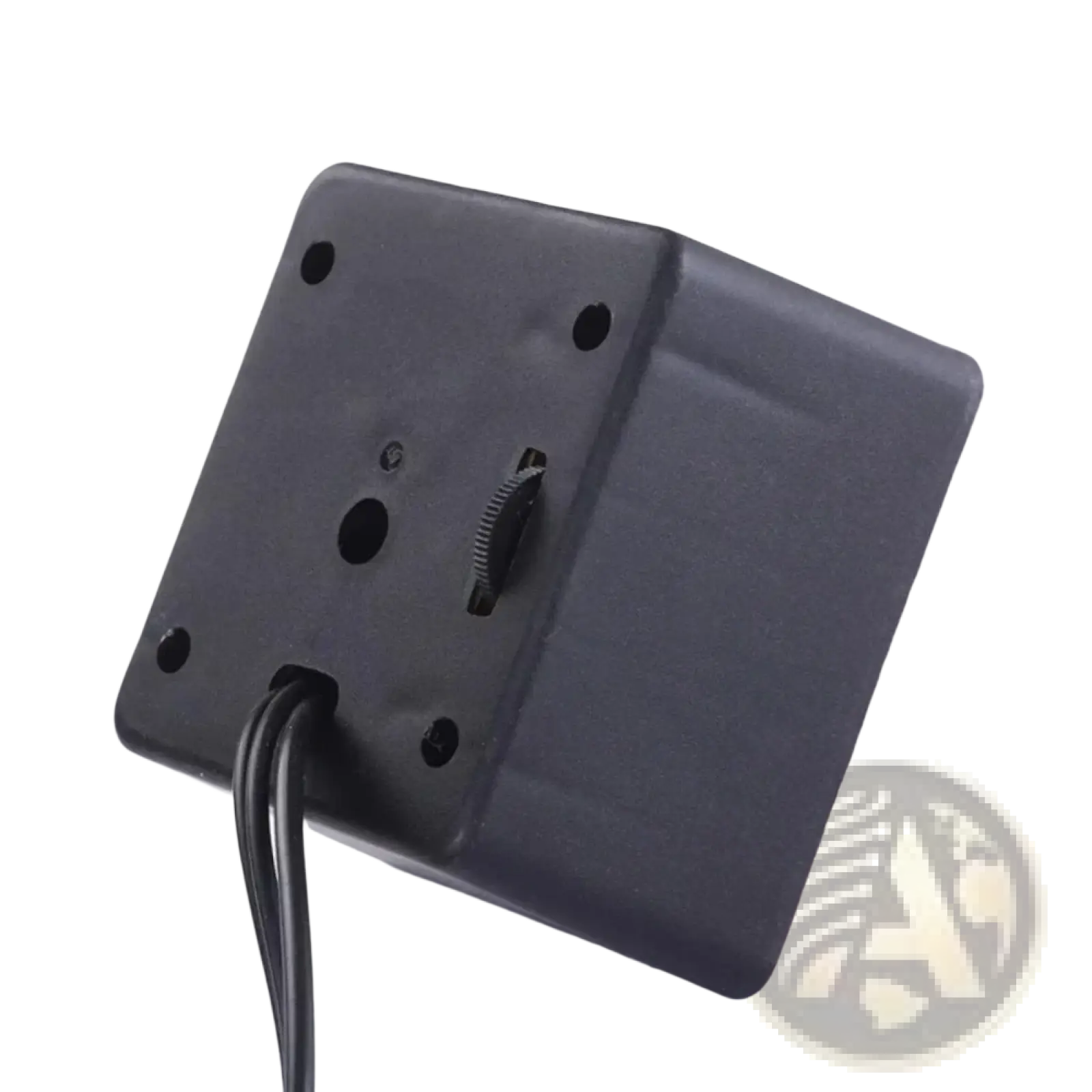 Black rectangular wall-mounted motion sensor with four mounting holes and adjustment dial for usb mini computer speakers